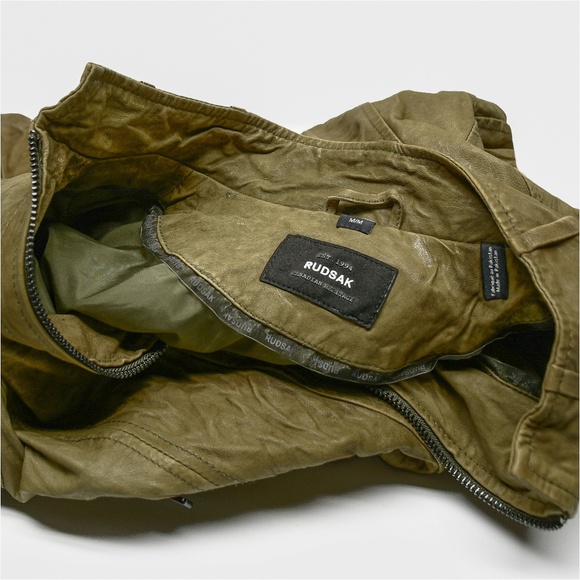 RUDSAK Khaki Crinkled Leather Cropped Moto Jacket Size M MSRP $550 - Picture 4 of 14
